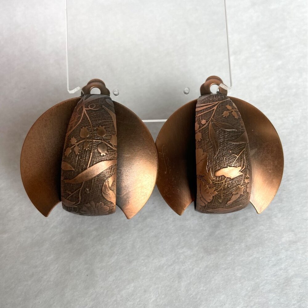 VTG Large Copper Modernist Floral Etched Geometric Bold Clip On Earrings - Picture 11 of 16